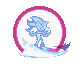 Pixelated circular icon with Sonic the Hedgehog character in blue and pink variants, featuring motion effects like water splashes or energy trails.