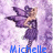 Pixelated image of a woman in purple dress with flowing sleeves against lavender background, blue text at bottom.