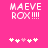 Pixelated pink background with white text 'MAEVE ROX !!!!' and five heart symbols, two versions showing slight animation changes in the hearts.