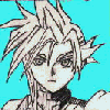 Anime-style character with spiky light-colored hair against a cyan background, wearing dark clothing and holding an object.