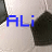 Blue pixelated text 'ALi' on a light gray background with dark abstract shapes.