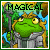 Pixel art contact sheet of three animated frames showing a green frog-like character with yellow eyes, wearing gray armor and holding a staff, against a forest background with the word "MAGICAL" at top.
