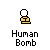 Pixelated icon of a yellow-shirted figure with red accents and white head, labeled 'Human Bomb' below, showing sequential explosion animation frames.