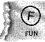 Five circular icons with 'F' letter and 'FUN' text, each showing different color variations of the F within a black circle on textured background.