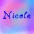 four and four displays the name "Nicole" in blue cursive text over a pink-to-purple gradient background with subtle pixelated patterns