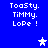 Blue background displays four identical text blocks with 'ToaSty. TimMy. LoPe !' and two star symbols, one white and one light blue.