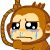 Pixelated cartoon monkey with brown fur, tears streaming from black eyes, downturned mouth, and pink cheeks against gray background.