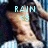 Pixelated image of a person with light skin and brown hair, wearing dark clothing, overlaid with cyan text reading "RAIN" above the head.