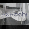 Monochrome anime-style icon with stylized text overlay, showing a character's face with long hair and a headband, partially obscured by vertical lines.