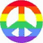 Rainbow-colored peace symbol icon with text explaining its universal meaning across languages.