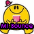 Yellow circular character with black eyes and smile holding pink cup, wearing red hat, displaying text or symbols below.