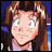 Pixelated anime-style character with brown hair and light skin, wearing a light purple top, against a blue and black background with text.