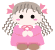 Pixelated girl with brown hair, pink dress, and heart-shaped accessories; left view shows open eyes, right view shows closed eyes.
