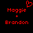 Red pixelated text on black background shows 'Maggie + Brandon' with a heart symbol above Maggie on the left side.