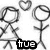 Two stick figures with heart symbols above their heads, one figure labeled 'true' and the other 'love', in a black-and-white pixelated style.