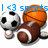 Pixelated icon shows soccer ball, basketball, and boxing gloves with blue text 'I <3 sports' above them on white background.