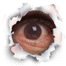 Two side-by-side square frames with torn paper edges show an eye opening and closing through a hole.