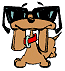 Pixelated cartoon dog wearing black sunglasses with blue reflections, red bow tie, and brown body, standing with arms raised against gray background.