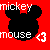 Pixelated red background icon with black Mickey Mouse silhouette, white text "mickey" and "mouse", and pixel heart symbol.