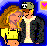 Pixelated cartoon-style buddy icon showing two characters in a close embrace against a blue background with a pink heart symbol.