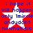 Red background with blue pixelated text and white stars, repeating identical text across four star-shaped sections.