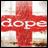 Static 48x48 pixel buddy icon featuring a red cross on white background with the word "dope" in stylized lowercase letters across the center, rendered with heavy pixelation and dithering effects.