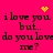 Pixelated pink background with black text reading 'ilove you but.. do you love me?' and yellow pixelated symbols in four corners.