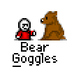 Animated contact sheet of a pixel art buddy icon showing a character with white helmet and red shirt interacting with brown bear across 20 frames, including speech bubbles and motion effects.