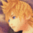 Pixelated close-up of a character with light orange hair and blue eyes, wearing dark clothing against a purple background.