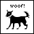 Pixelated black dog silhouette with raised tail and open mouth, above text reading 'woof!' in blocky pixel font on white background.