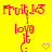 Yellow background with red text 'Fruit Loops love it :', pink hearts, and a gray rectangle in the bottom right corner.