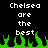 Pixelated text 'Chelsea are the best' in white on black background with green flame-like shapes at bottom.