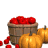 Animated sequence showing a wooden barrel of red apples with pumpkins and scattered apples, featuring a wine glass that changes position across frames.