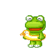 Pixelated green frog with large gray eyes and red mouth holds a golden circular object against light gray background.