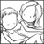 Static grayscale cartoon icon of two overlapping stick-figure heads with simple facial features and curved lines suggesting hair or motion, rendered in low-resolution pixel art style on white background.