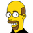 Pixelated yellow-skinned cartoon character with brown hair, glasses, and a black shirt, mouth open in a wide grin showing teeth.