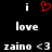 Static pixel art displays white lowercase 'i' characters flanking a red heart symbol above the word 'love', with 'zaino <3' below on black background.