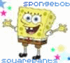 Yellow sponge character with brown shorts and black shoes, smiling widely with arms raised in a cheerful pose against white background with pink stars and blue text.