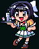 Pixel art character in green-and-white dress holding tray with glass and red object, shown from multiple angles including front, side, back, and winking pose.
