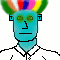 Six pixelated frames of a blue-skinned character with rainbow hair, white shirt, and green facial hair in various expressions and mouth positions.