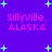 Pixelated text 'sillyville, ALASKA' in pink on purple background with cyan stars; four identical copies arranged in a