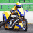 Animated sequence of a motorcycle racer in yellow and blue gear leaning on a track, transitioning from upright to falling over.