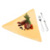 A triangular-shaped food item with a light brown base, topped with dark brown and red elements and green garnish, positioned next to a fork and knife on a white background.