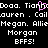 Pixelated text repeats names and 'BFFS!' with a pink heart replacing the letter O in Tianb on black background.