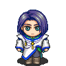 Pixel art character with purple hair and blue eyes in white and blue robe with green accents, shown in four expressions and poses.