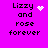 Pixelated text 'Lizzy and rose forever' on bright pink background with animated white heart and star symbols.