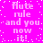 Pixelated text repeats 'Flute rule and you now it!' on a bright pink background with scattered white dots.