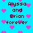 Pixelated cyan background with pink heart shapes and black text reading "Alyssa and Brian forever" repeated in a pattern