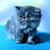 Pixelated blue cat with striped fur, pink nose, and closed eyes stands against a light blue gradient background.