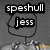 Pixelated black-and-white image with two text bubbles on a gray background; top bubble reads 'speshull', bottom bubble reads 'jess' in lowercase.